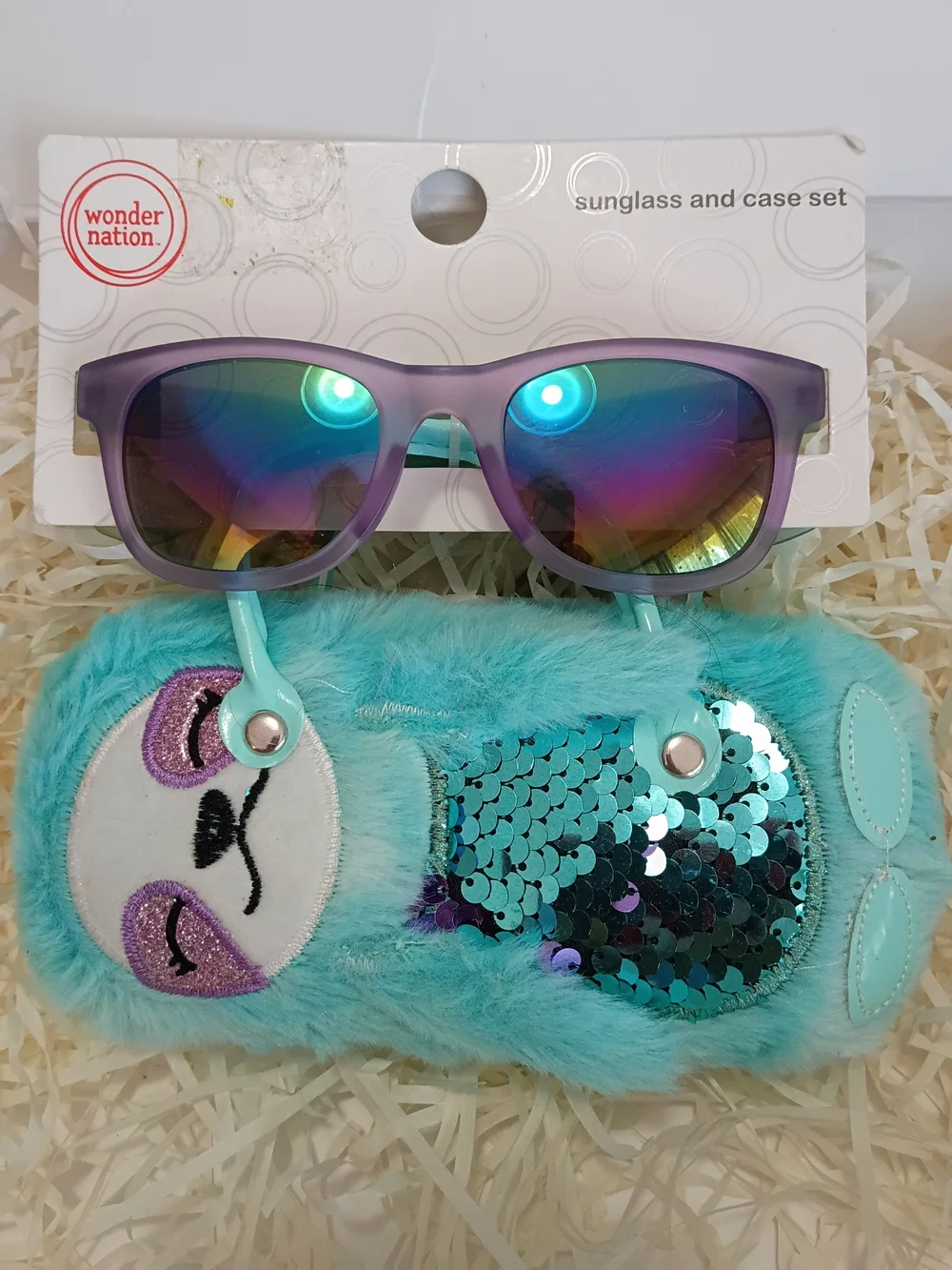 wonder nation Purple Frame Kids Sunglasses with Teal Sloth Sequin Fuzzy Case Nwt